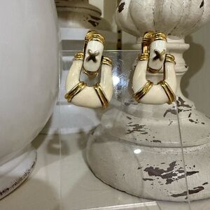 Avon Gold and Cream Enamel Door Knocker Earrings - Clip On